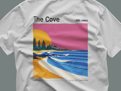The Cove, Hawaii Surf T-Shirt | Hidden Wave Aloha Art Tee — close-up of the left-chest pocket print
