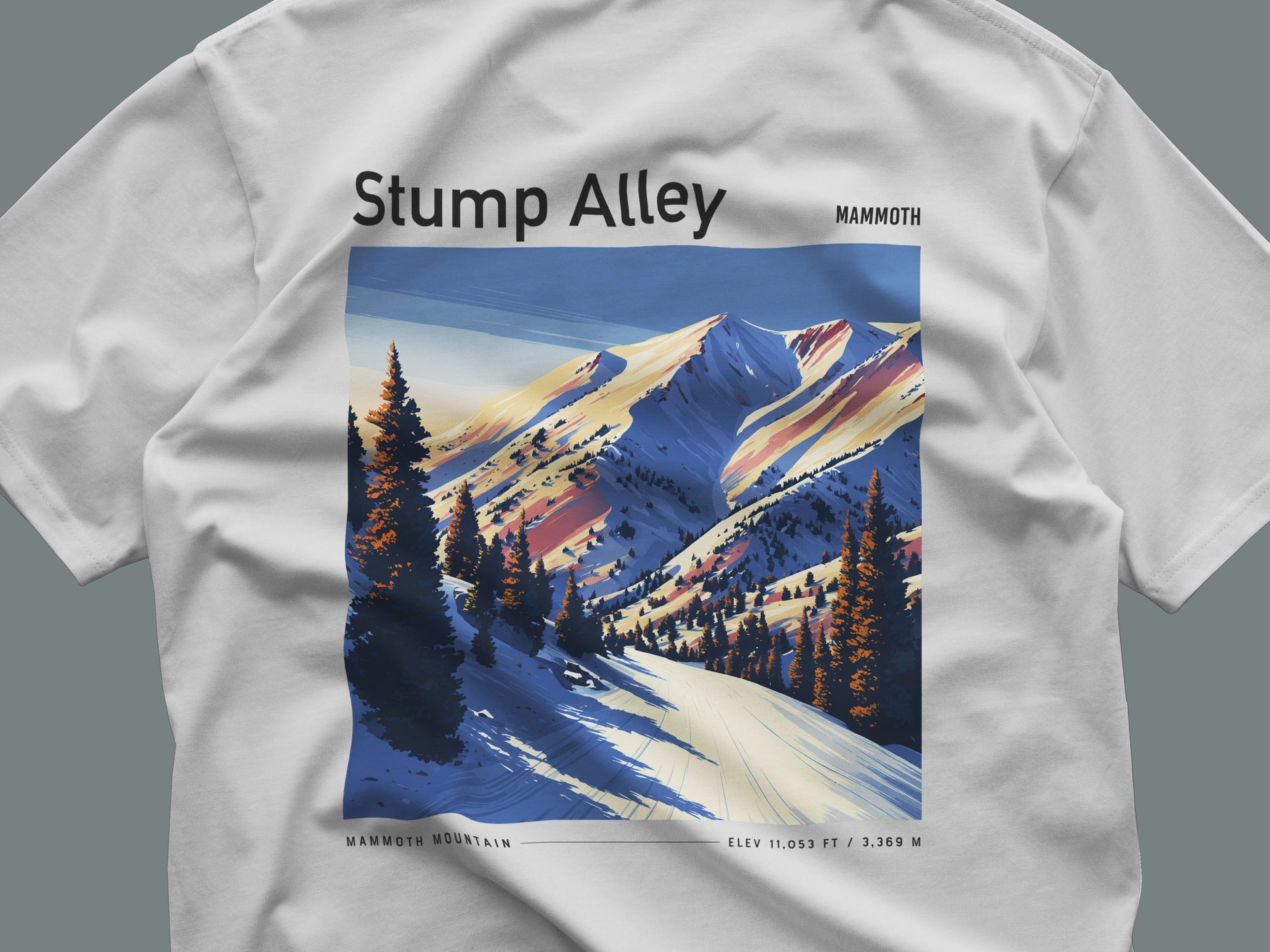 Stump Alley Ski T-Shirt | Mammoth Mountain Art Tee — close-up of the left-chest pocket print