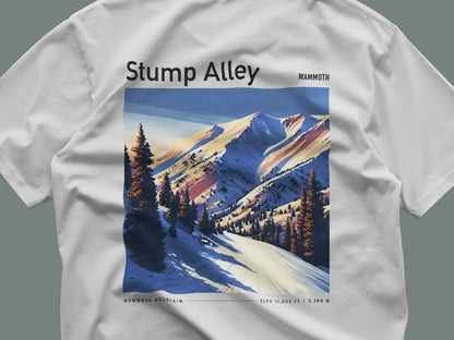 Stump Alley Ski T-Shirt | Mammoth Mountain Art Tee — close-up of the left-chest pocket print