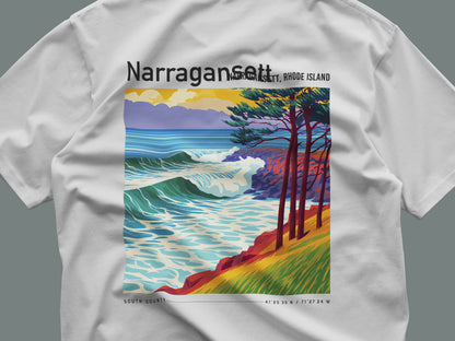 Narragansett Town Beach Surf T-Shirt | Rhode Island Wave Art Tee — close-up of the left-chest pocket print