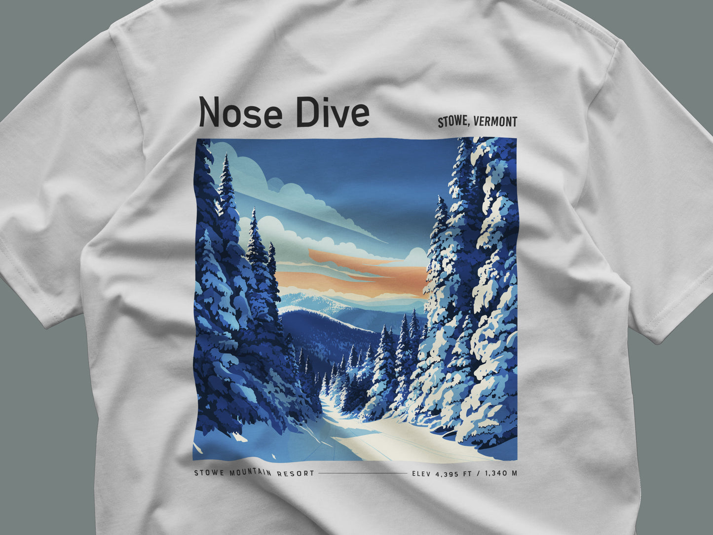 Nose Dive Ski T-Shirt | Stowe Mountain Art Tee — close-up of the left-chest pocket print