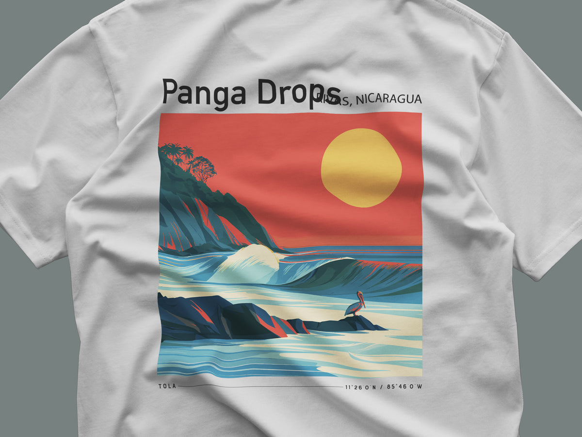 Panga Drops Surf T-Shirt | Raw Nicaraguan Wave Art Tee — close-up of the left-chest pocket print