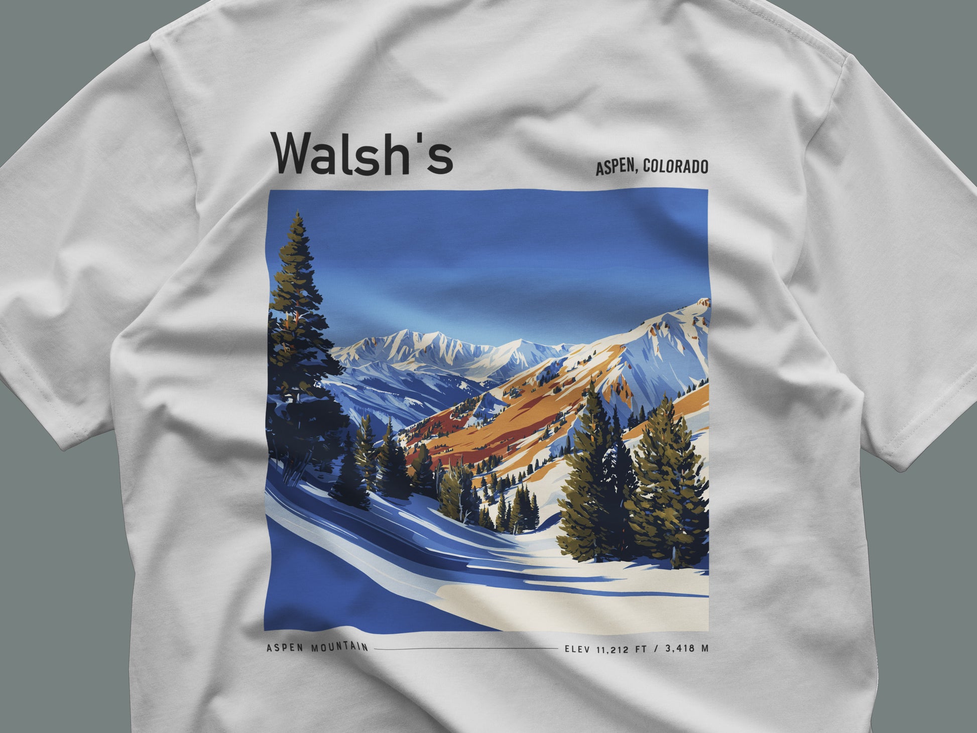 Walsh's Aspen Ski T-Shirt | Rocky Mountain Legend Art Tee — close-up of the left-chest pocket print