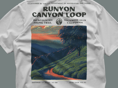 Runyon Canyon Loop Hiking T-Shirt | Hiker Gift | Hollywood Hills Trail Tee — close-up of the left-chest pocket print