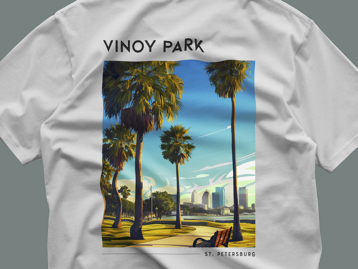 Vinoy Park Travel T-Shirt | St. Pete Waterfront Art Tee — close-up of the left-chest pocket print