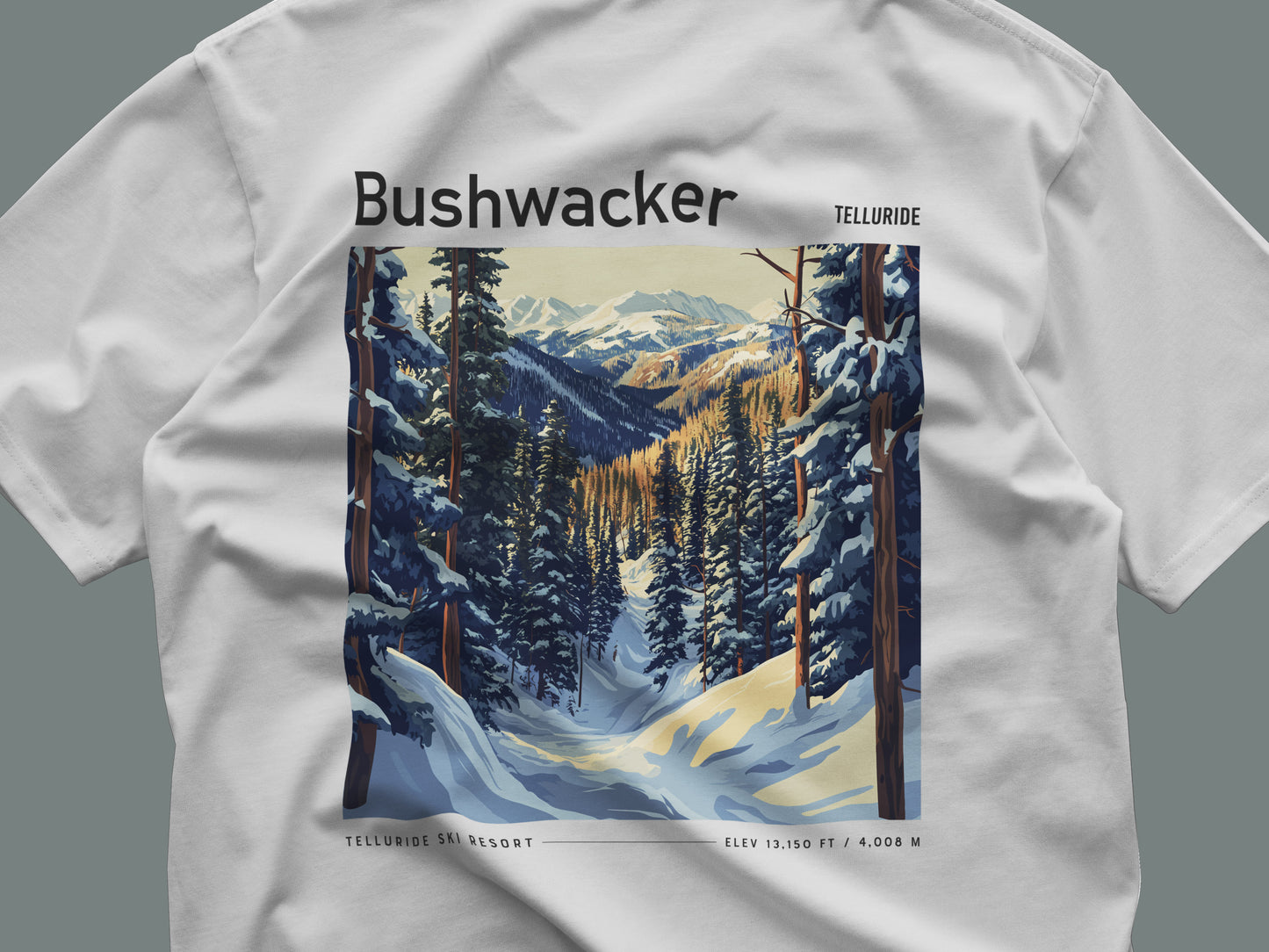 Bushwacker Ski T-Shirt | Telluride Mountain Art Tee — close-up of the left-chest pocket print