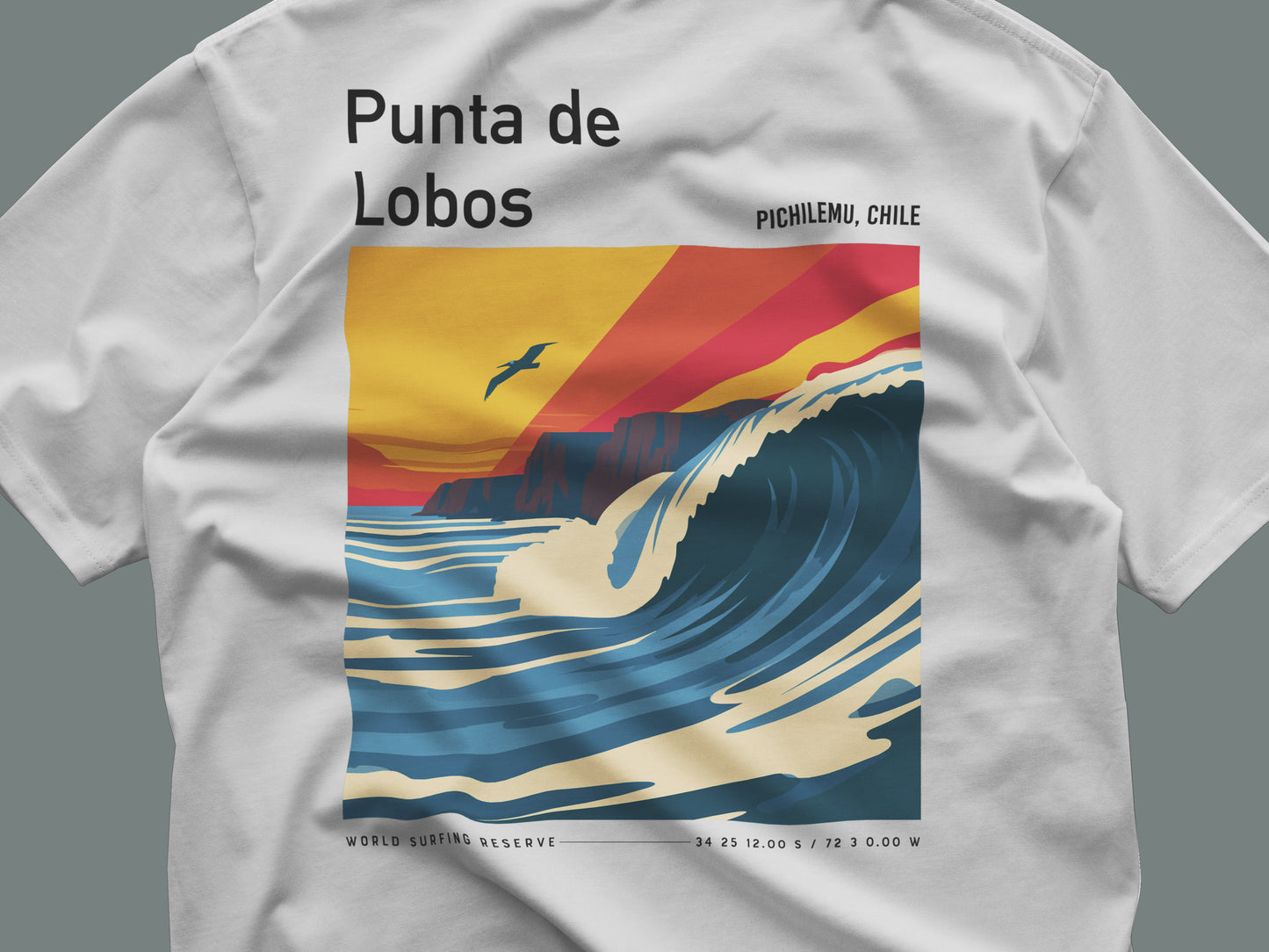 Punta de Lobos Surf T-Shirt | Chilean Point Break Wave Art — close-up of the left-chest pocket print
