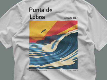 Punta de Lobos Surf T-Shirt | Chilean Point Break Wave Art — close-up of the left-chest pocket print