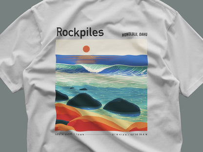 Rockpiles Surf T-Shirt | Raw Hawaiian Reef Wave Tee — close-up of the left-chest pocket print