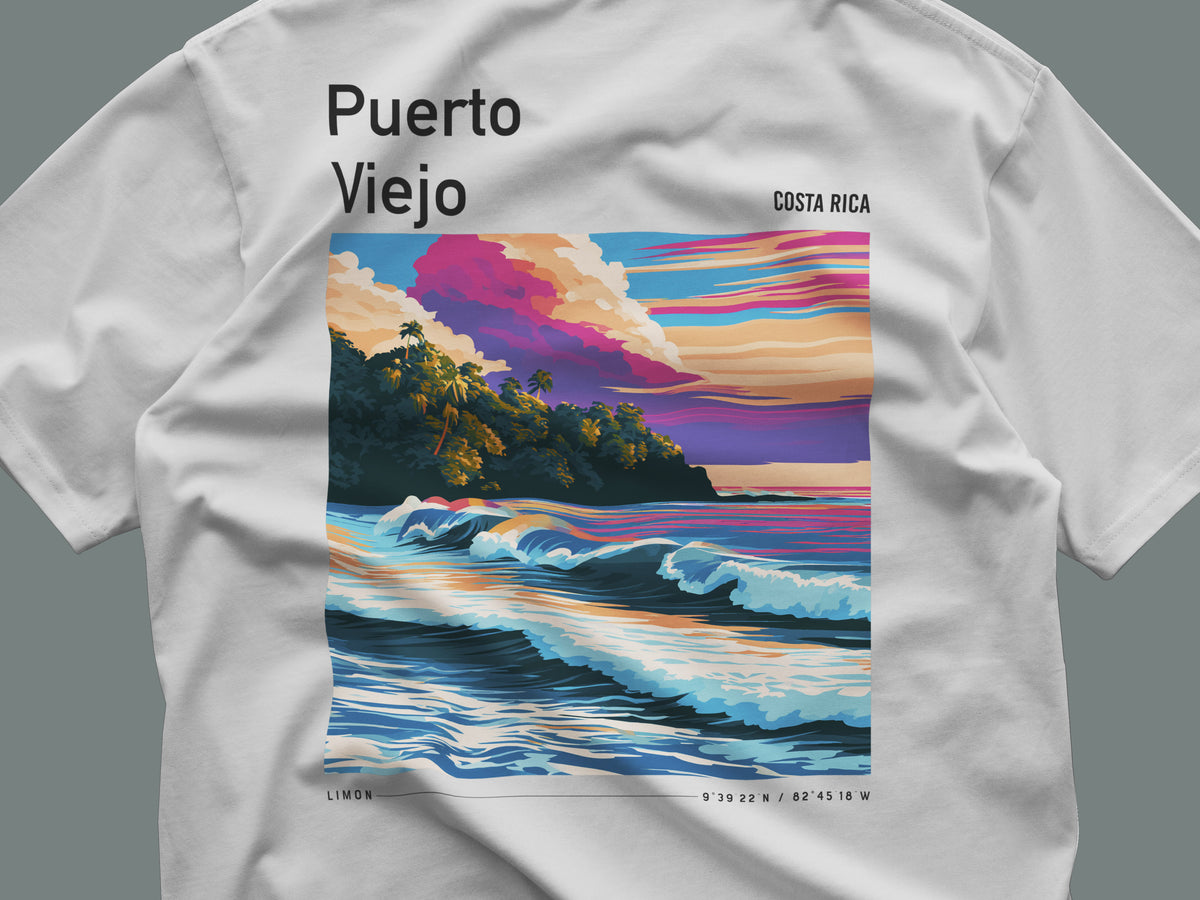 Puerto Viejo Surf T-Shirt | Caribbean Coast Wave Art Tee — close-up of the left-chest pocket print
