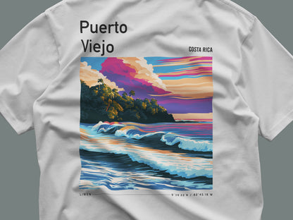 Puerto Viejo Surf T-Shirt | Caribbean Coast Wave Art Tee — close-up of the left-chest pocket print