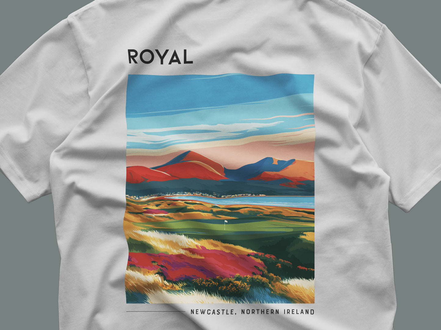 Royal County Down Golf T-Shirt | Wild Irish Links Course Tee — close-up of the left-chest pocket print