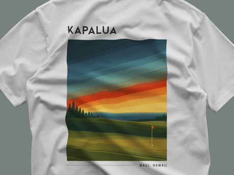Kapalua Plantation Course Golf T-Shirt | Maui Fairways in Paradise — close-up of the left-chest pocket print
