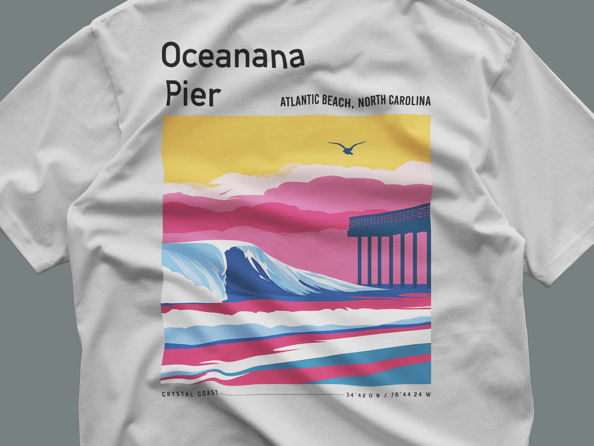 Oceanana Pier Surf T-Shirt | Carolina Coast Wave Tee — close-up of the left-chest pocket print