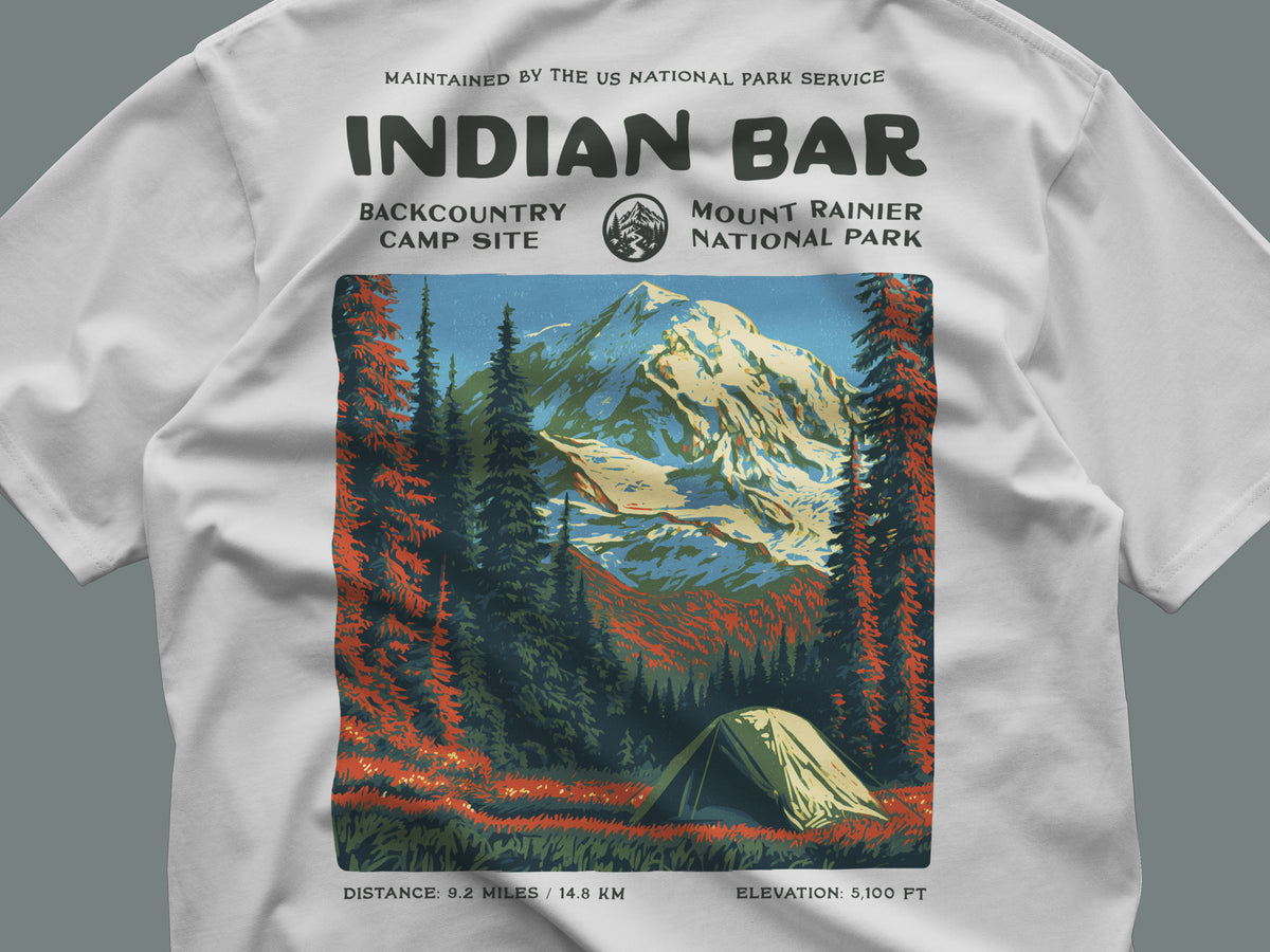 Indian Bar Hiking T-Shirt | Hiker Gift | Wild Rainier Trail Tee — close-up of the left-chest pocket print