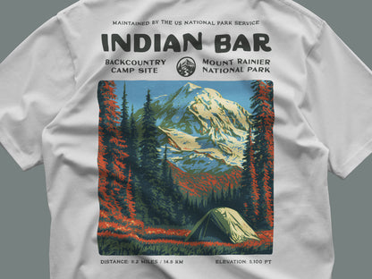 Indian Bar Hiking T-Shirt | Hiker Gift | Wild Rainier Trail Tee — close-up of the left-chest pocket print