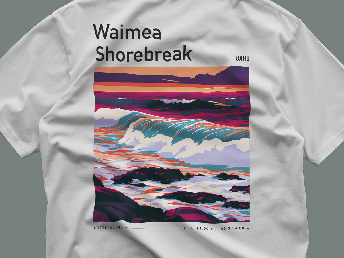Waimea Shorebreak Surf T-Shirt | Raw Power, Big Wave Art — close-up of the left-chest pocket print