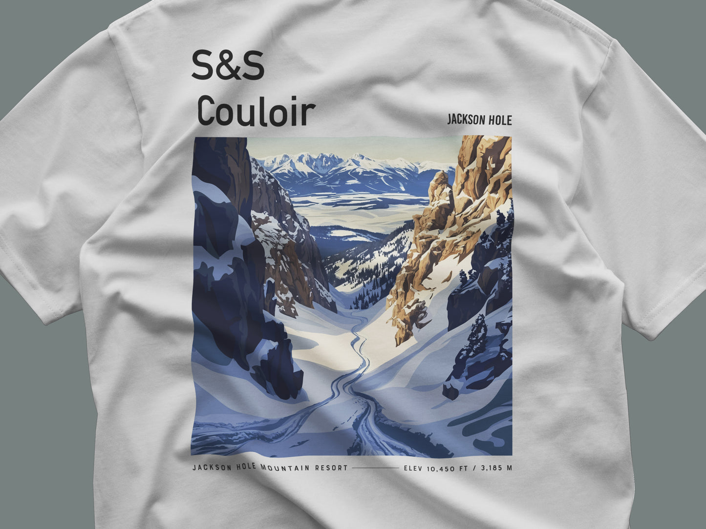 S&S Couloir Ski T-Shirt | Jackson Hole Mountain Art Tee — close-up of the left-chest pocket print