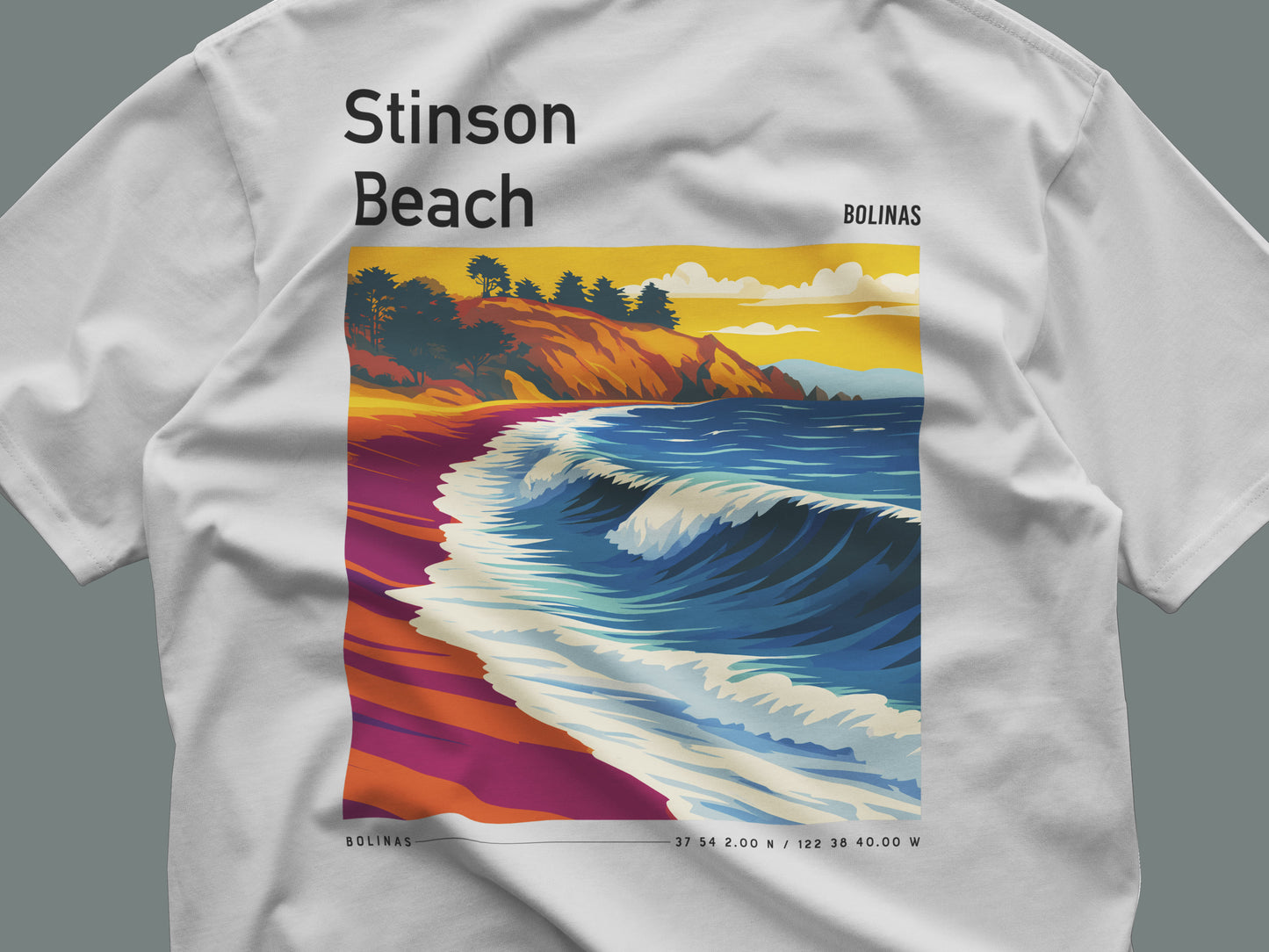 Stinson Beach Surf T-Shirt | Where the Redwoods Meet the Waves — close-up of the left-chest pocket print