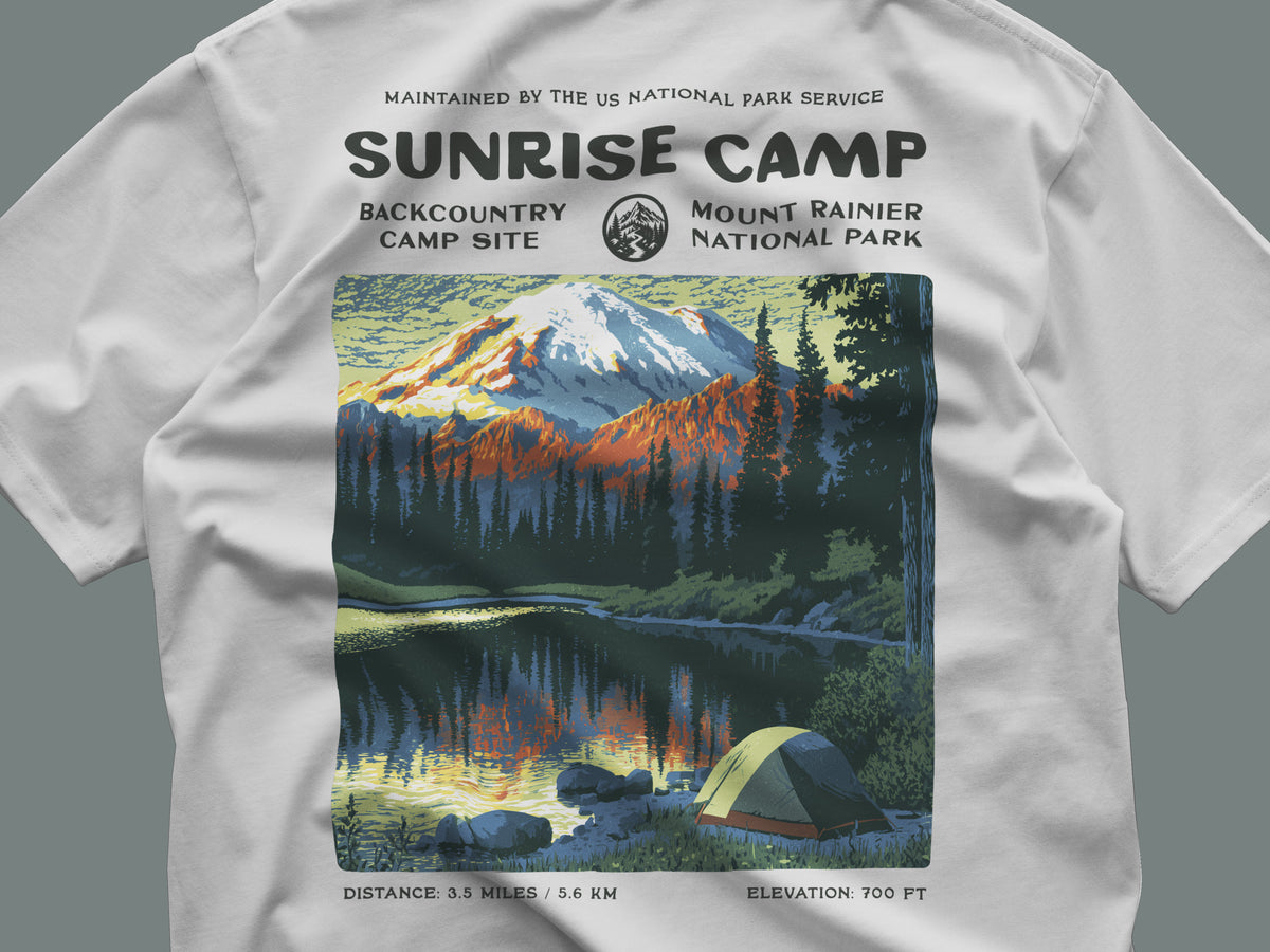 Sunrise Camp Hiking T-Shirt | Camper Gift | Alpine Glow Trail Tee — close-up of the left-chest pocket print