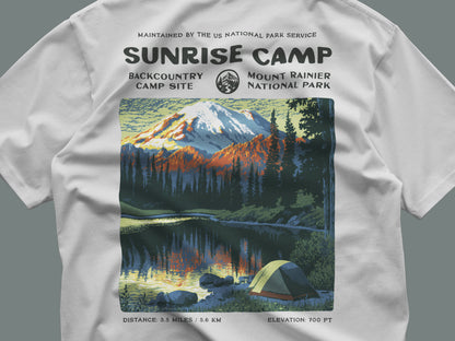 Sunrise Camp Hiking T-Shirt | Camper Gift | Alpine Glow Trail Tee — close-up of the left-chest pocket print