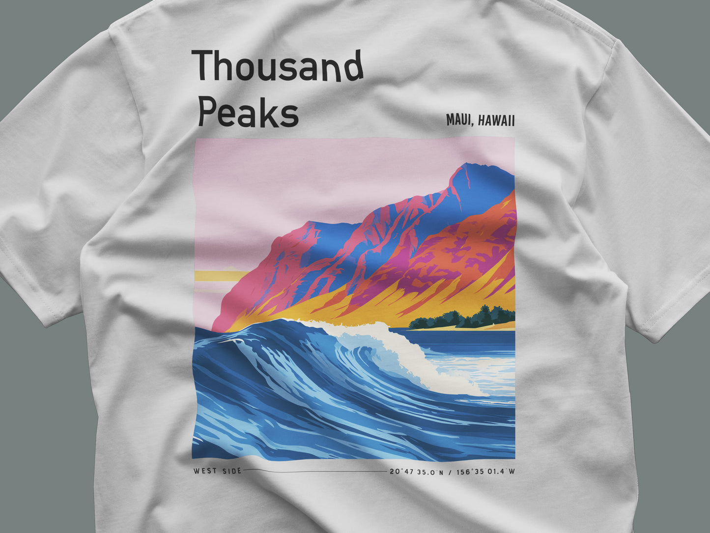 Thousand Peaks Surf T-Shirt | Hawaii Wave Art Tee — close-up of the left-chest pocket print
