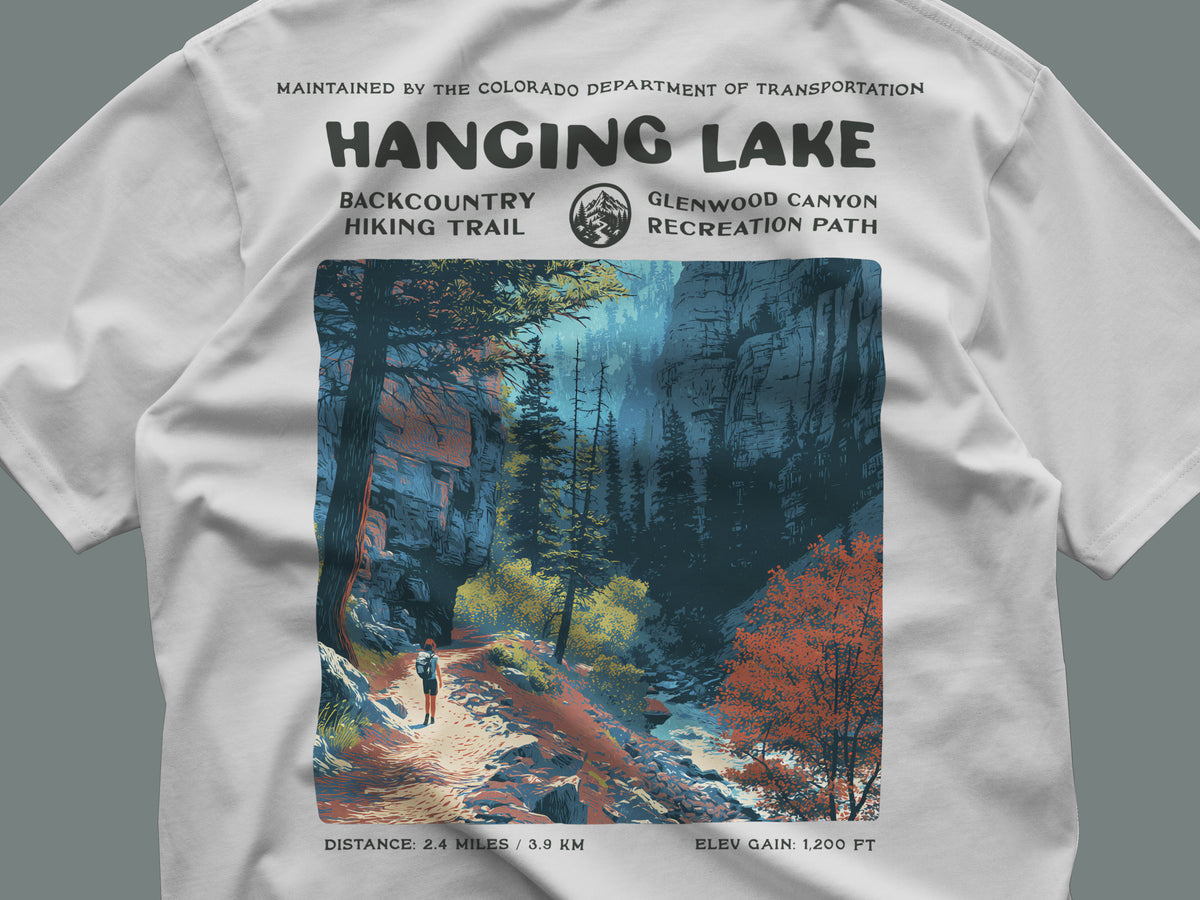 Hanging Lake Hiking T-Shirt | Hiker Gift | Glenwood Canyon Trail Tee — close-up of the left-chest pocket print