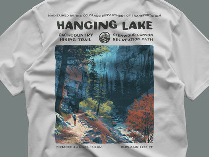 Hanging Lake Hiking T-Shirt | Hiker Gift | Glenwood Canyon Trail Tee — close-up of the left-chest pocket print