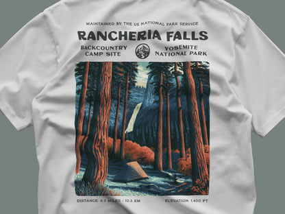Rancheria Falls Hiking T-Shirt | Hiker Gift | Yosemite Backcountry Trail Tee — close-up of the left-chest pocket print