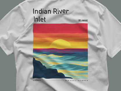 Indian River Inlet Surf T-Shirt | Delaware Coast Wave Art Tee — close-up of the left-chest pocket print