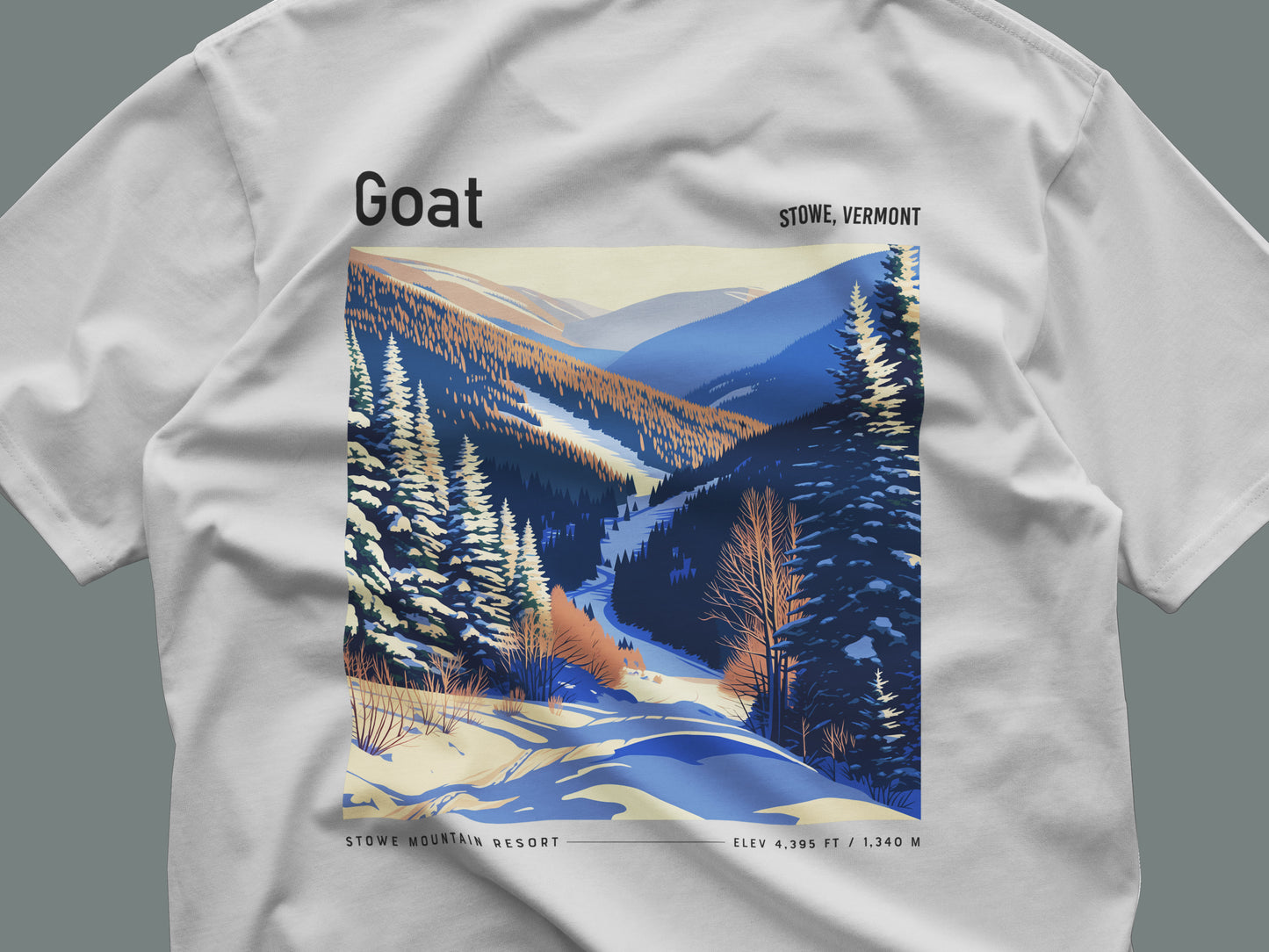 Goat, Stowe Ski T-Shirt | Vermont Mountain Art Tee — close-up of the left-chest pocket print