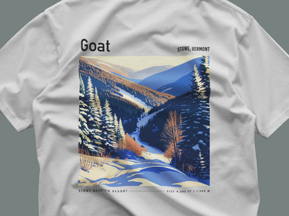 Goat, Stowe Ski T-Shirt | Vermont Mountain Art Tee — close-up of the left-chest pocket print
