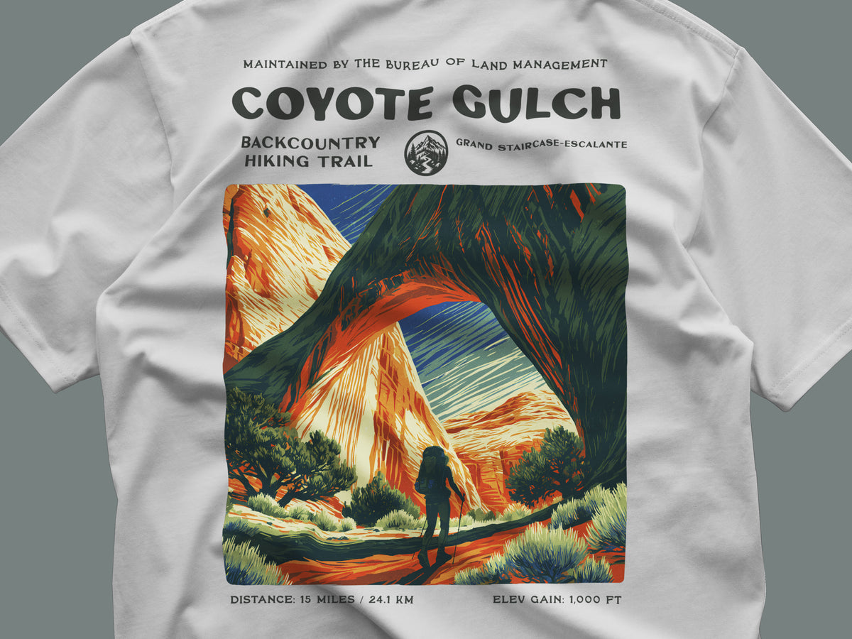 Coyote Gulch Hiking T-Shirt | Hiker Gift | Canyon Backcountry Trail Tee — close-up of the left-chest pocket print