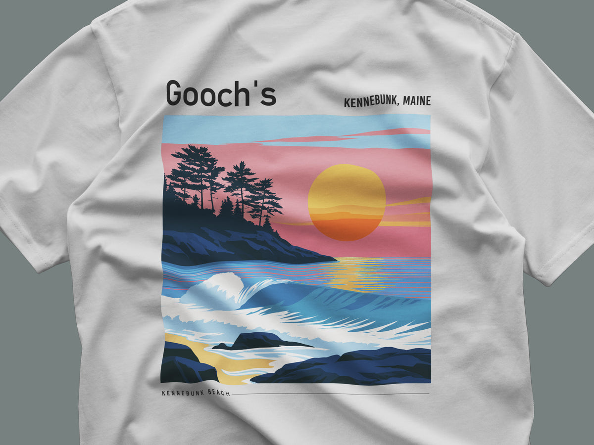 Gooch's Beach Surf T-Shirt | Maine Coast Wave Art Tee — close-up of the left-chest pocket print