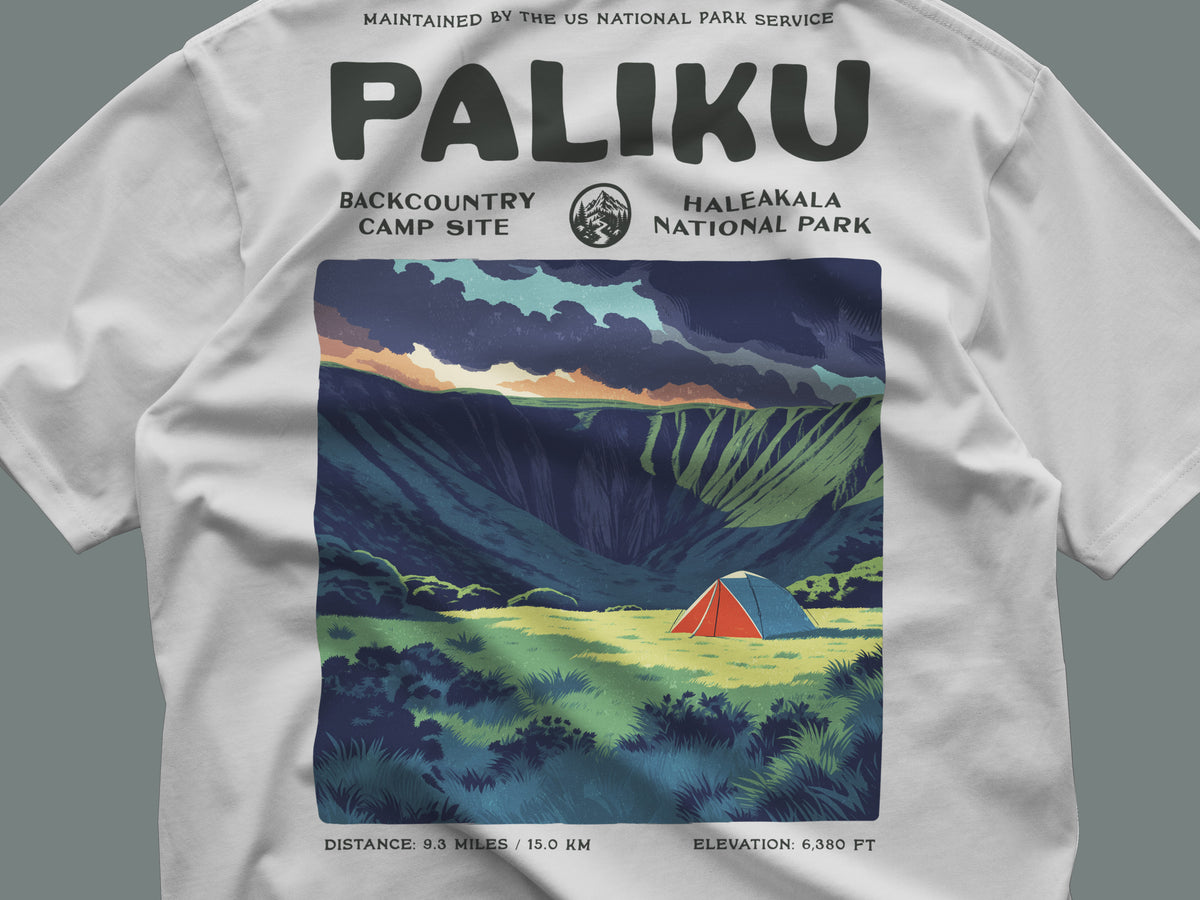 Paliku Hiking T-Shirt | Hiker Gift | Haleakala Backcountry Tee — close-up of the left-chest pocket print