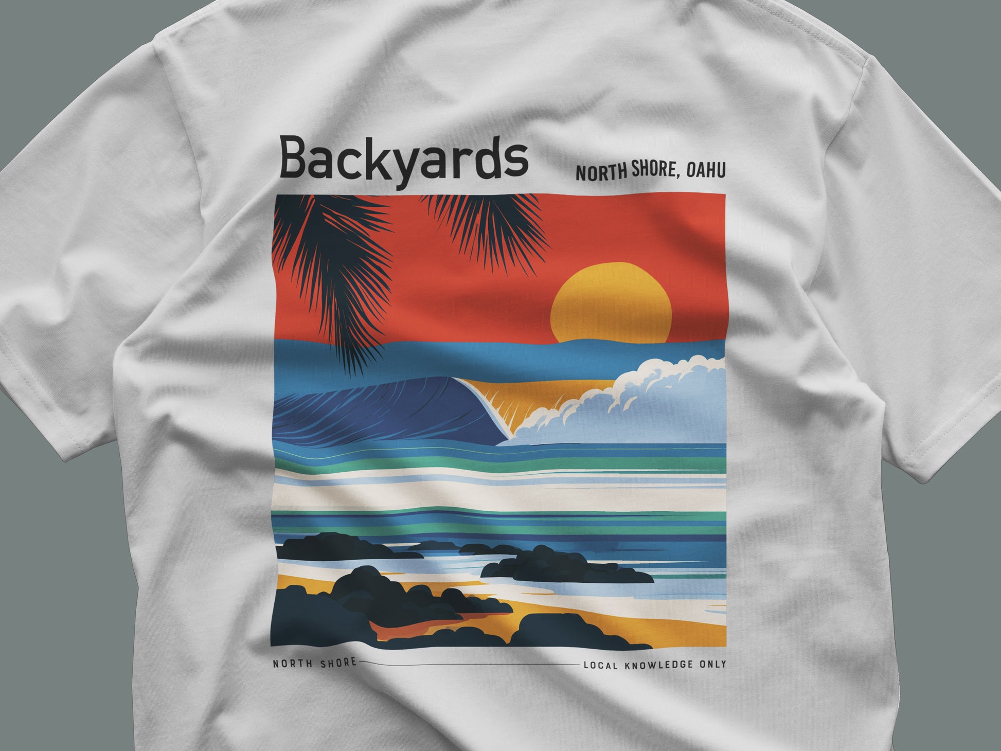 Backyards Surf T-Shirt | Hawaiian North Shore Wave Tee — close-up of the left-chest pocket print