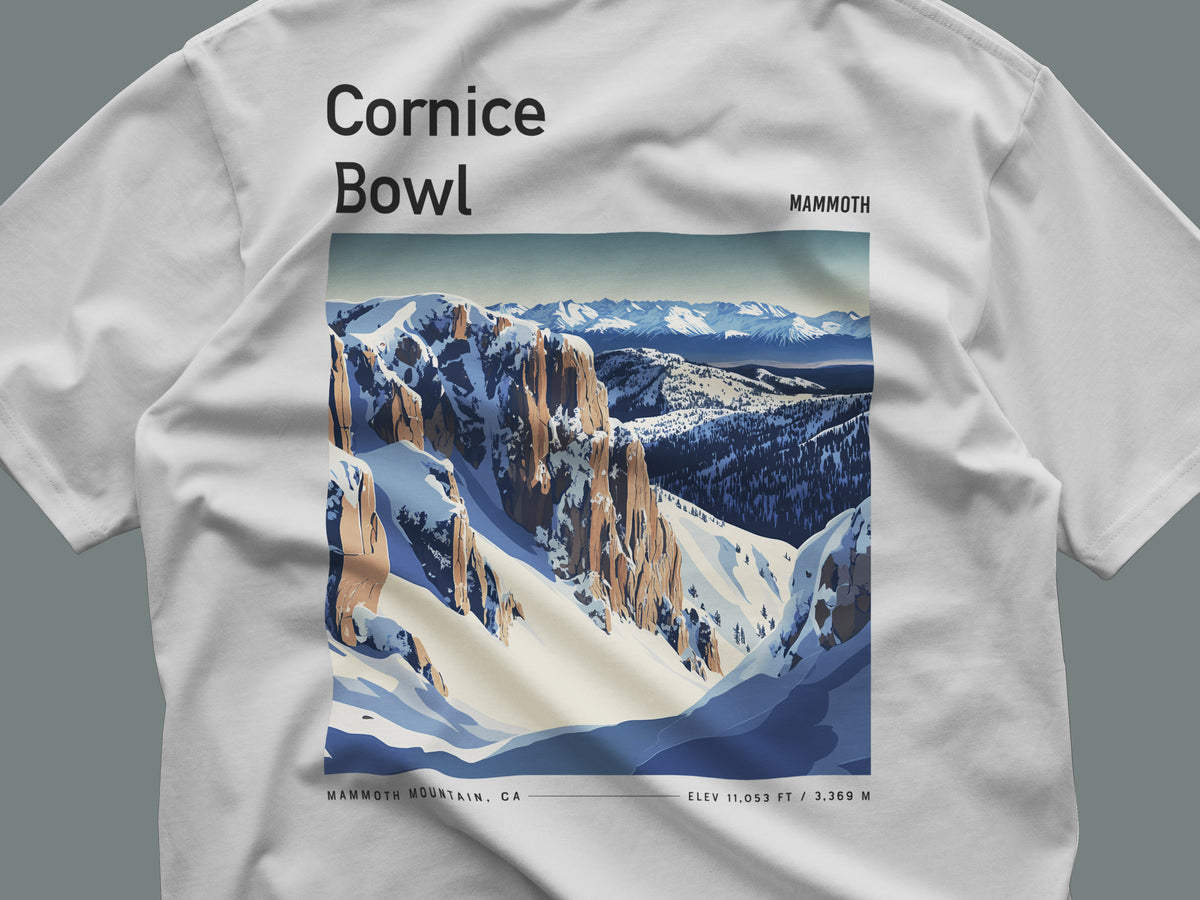Cornice Bowl Ski T-Shirt | Mammoth Mountain Art Tee — close-up of the left-chest pocket print