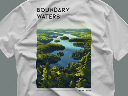 Boundary Waters Travel T-Shirt | Minnesota Wilderness Canoe Country Art — close-up of the left-chest pocket print