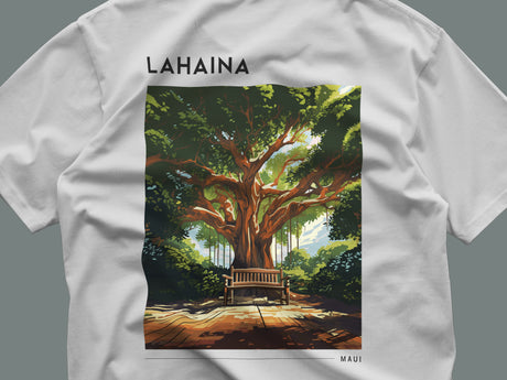 Lahaina, Maui Travel T-Shirt | Old Town Aloha Spirit Tee — close-up of the left-chest pocket print