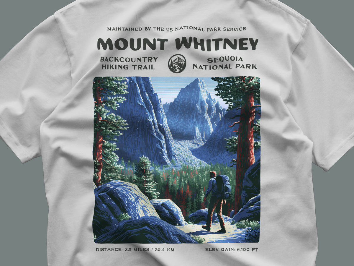 Mount Whitney Hiking T-Shirt | Hiker Gift | Summit Trail Block Print — close-up of the left-chest pocket print