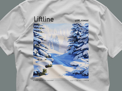 Liftline, Stowe Ski T-Shirt | Vermont Mountain Art Tee — close-up of the left-chest pocket print