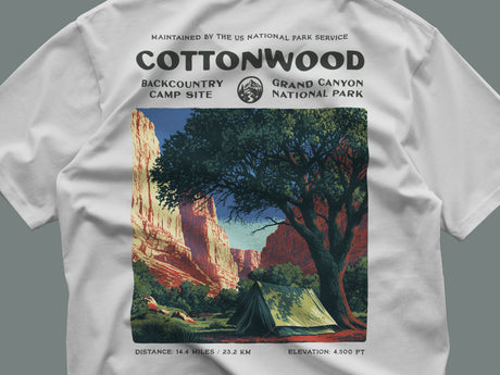 Cottonwood Camp Hiking T-Shirt | Camper Gift | Grand Canyon Backcountry Tee — close-up of the left-chest pocket print