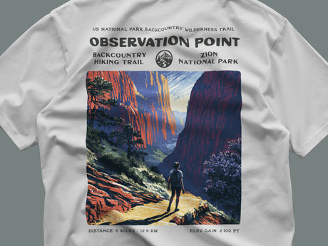 Observation Point Hiking T-Shirt | Hiker Gift | Zion Canyon Trail Tee — close-up of the left-chest pocket print
