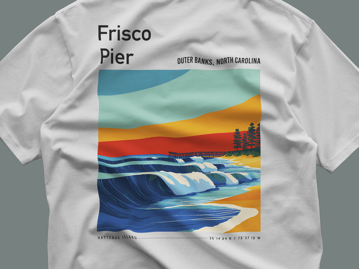 Frisco Pier Surf T-Shirt | Outer Banks Wave Art Tee — close-up of the left-chest pocket print