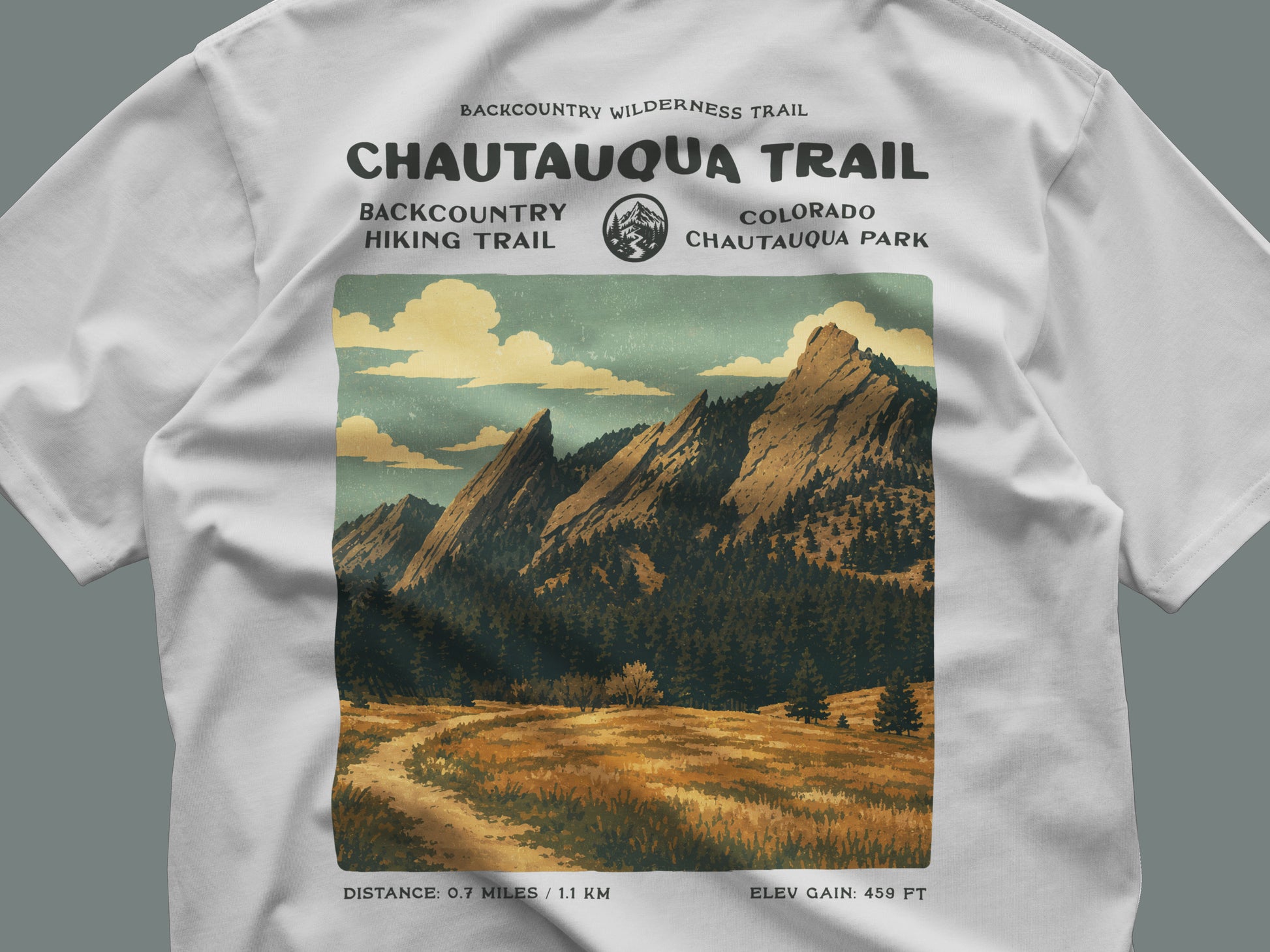 Chautauqua Trail Hiking T-Shirt | Hiker Gift | Boulder Colorado Trail Tee — close-up of the left-chest pocket print