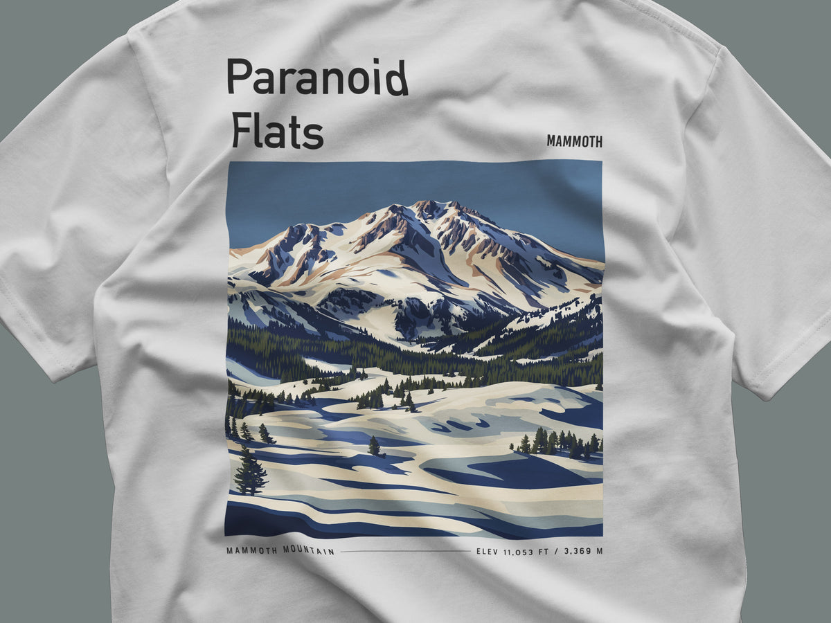 Paranoid Flats Ski T-Shirt | Mammoth Mountain Art Tee — close-up of the left-chest pocket print