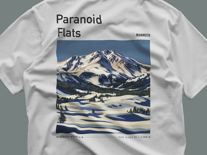 Paranoid Flats Ski T-Shirt | Mammoth Mountain Art Tee — close-up of the left-chest pocket print