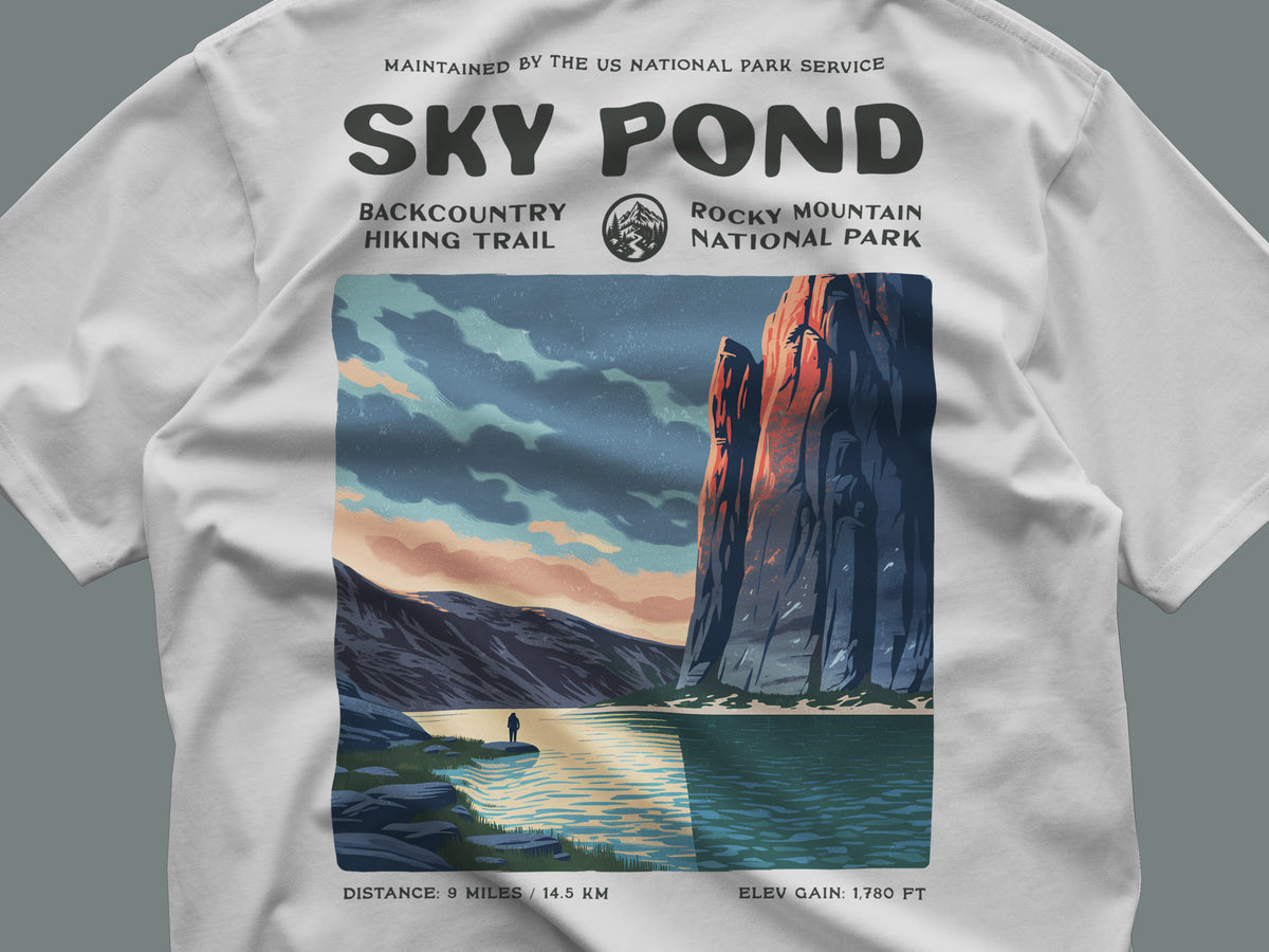 Sky Pond Hiking T-Shirt | Hiker Gift | Rocky Mountain Trail Tee — close-up of the left-chest pocket print