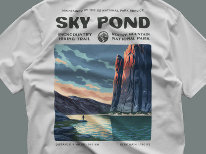 Sky Pond Hiking T-Shirt | Hiker Gift | Rocky Mountain Trail Tee — close-up of the left-chest pocket print