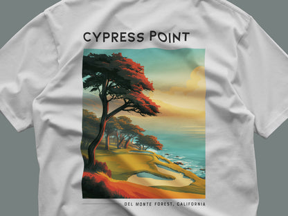 Cypress Point Golf T-Shirt | Monterey Peninsula Legend Tee — close-up of the left-chest pocket print
